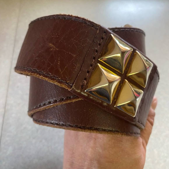 Linea Pelle Brown Leather Gold Studded Preppy Chunky Granola Coastal Wai… - Picture 3 of 10